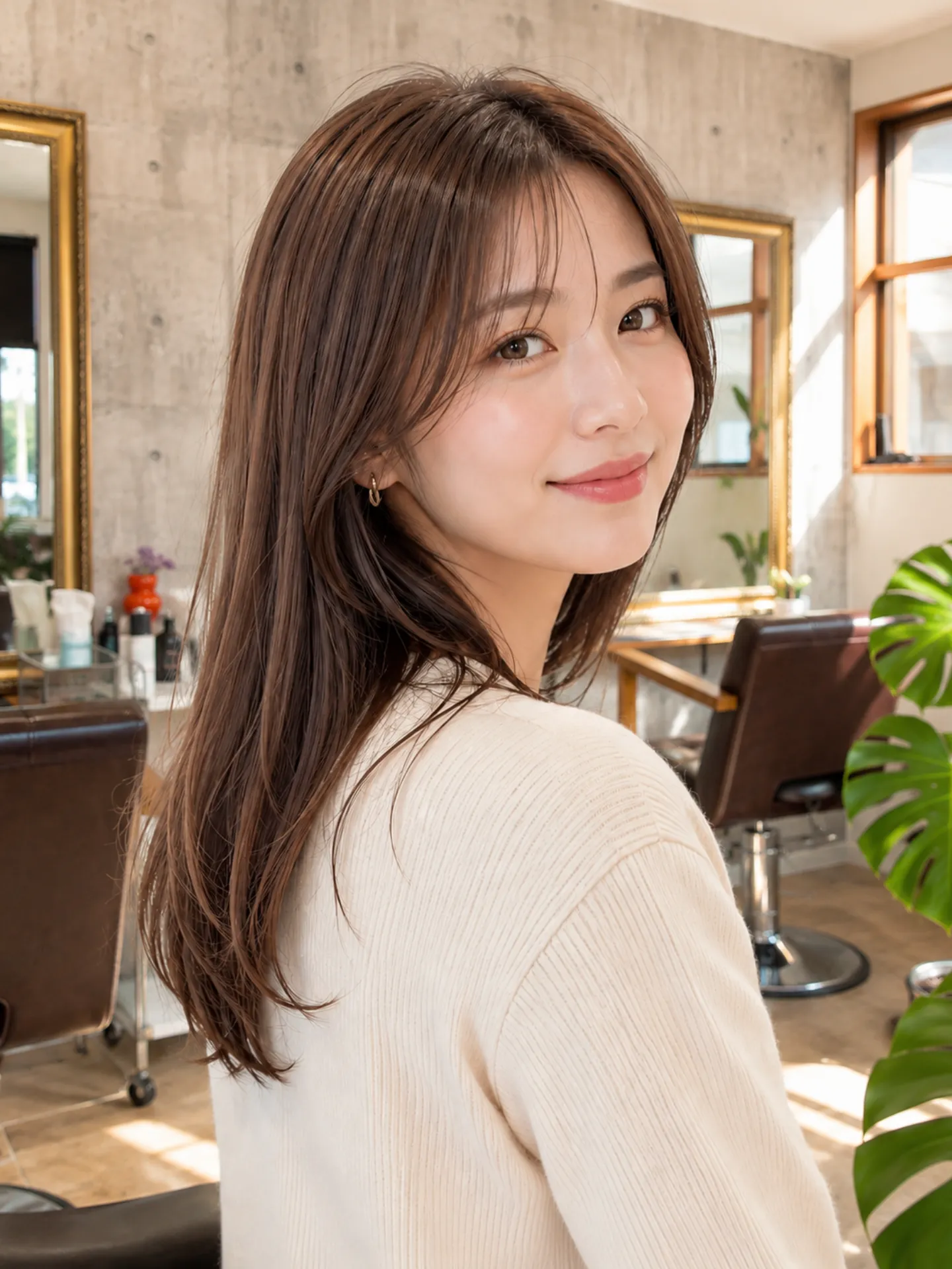 佐賀美容室NAVI・HAIRをイメージした店内で、透明感のあるナチュラルブラウンカラーに仕上がった女性